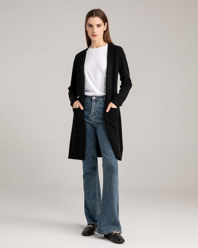 State Cashmere Women's 100% Pure Cashmere Open Front Long Cardigan, Black, Medium - Image 3